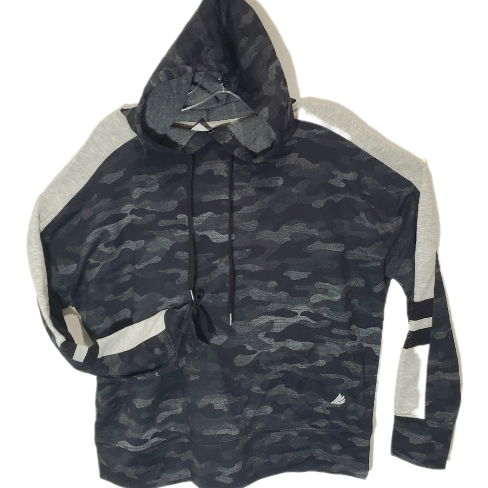 Free 2 B Black & Grey Camo Print Long Sleeve Tie Hoodie Sweatshirt Size S EUC